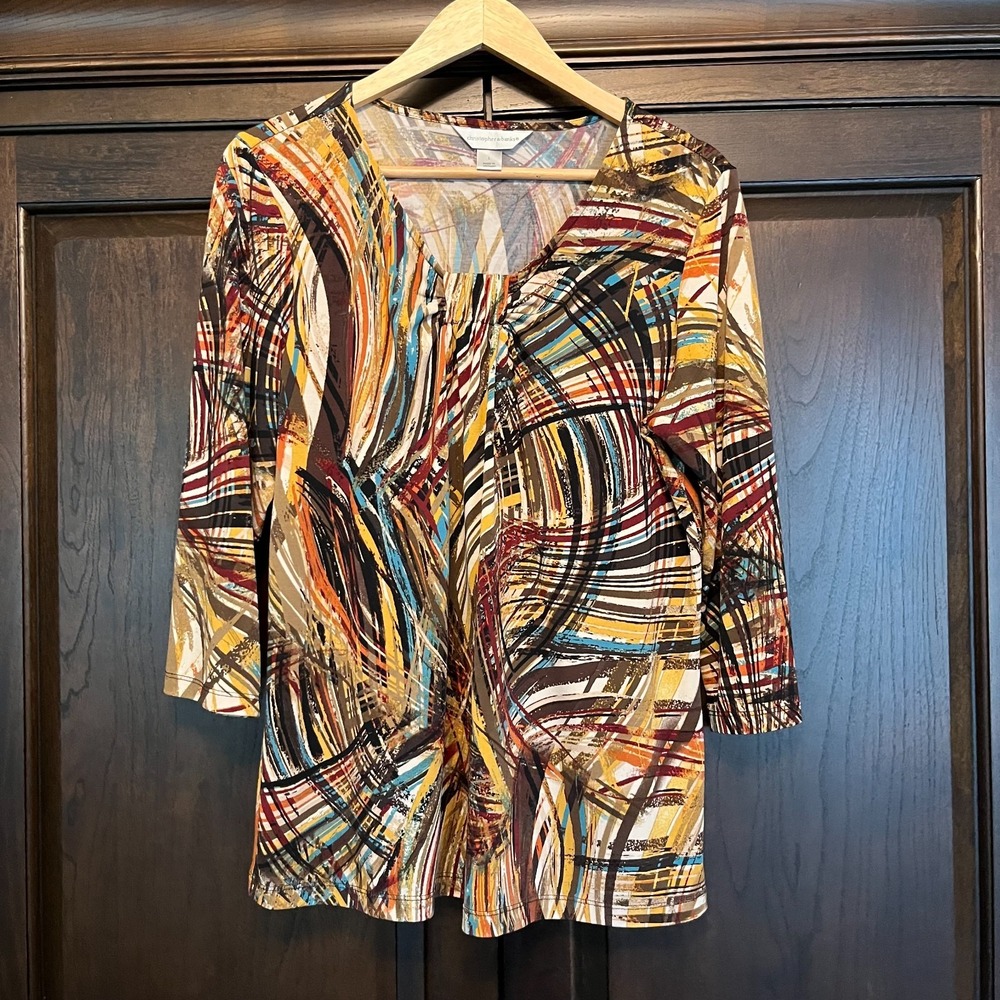 Christopher & Banks Abstract Print 3/4 Sleeve Stretchy Flowy Top Size L Fall
